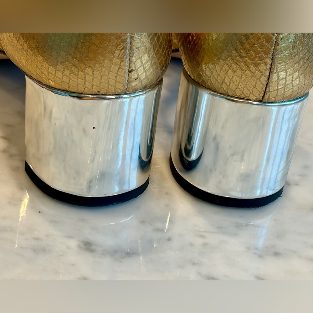 J Crew Millie maryjane heels, snake-embossed gold leather, silver cap toes,8.5 - Picture 10 of 16